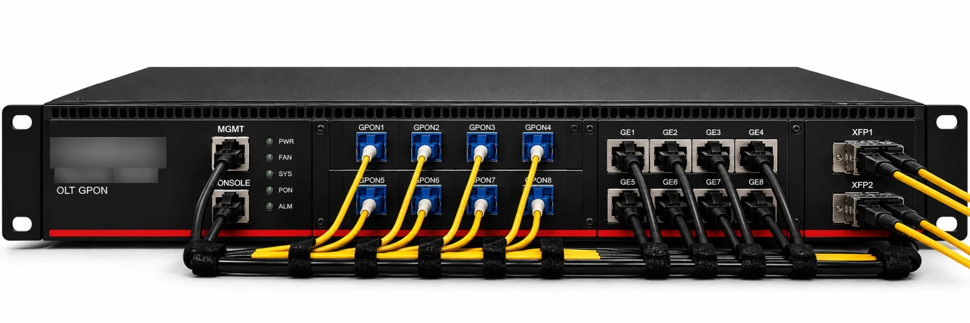 OLT Fiberlink 30028 com as 8 portas GPON, as 8 portas GE e os 2 uplinks XFP conectados