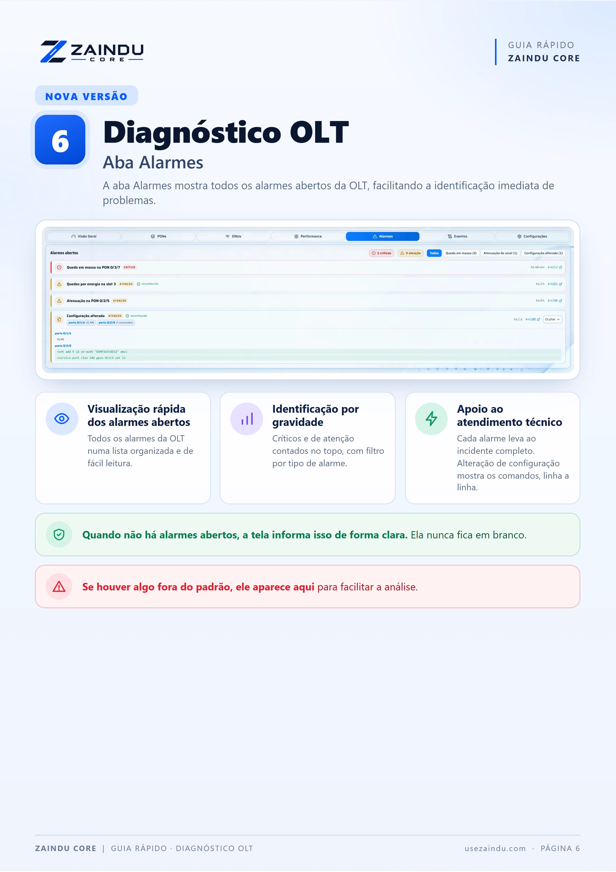 Aba Alarmes com um alarme crítico de queda em massa, alarmes de atenção e uma alteração de configuração com os comandos detalhados