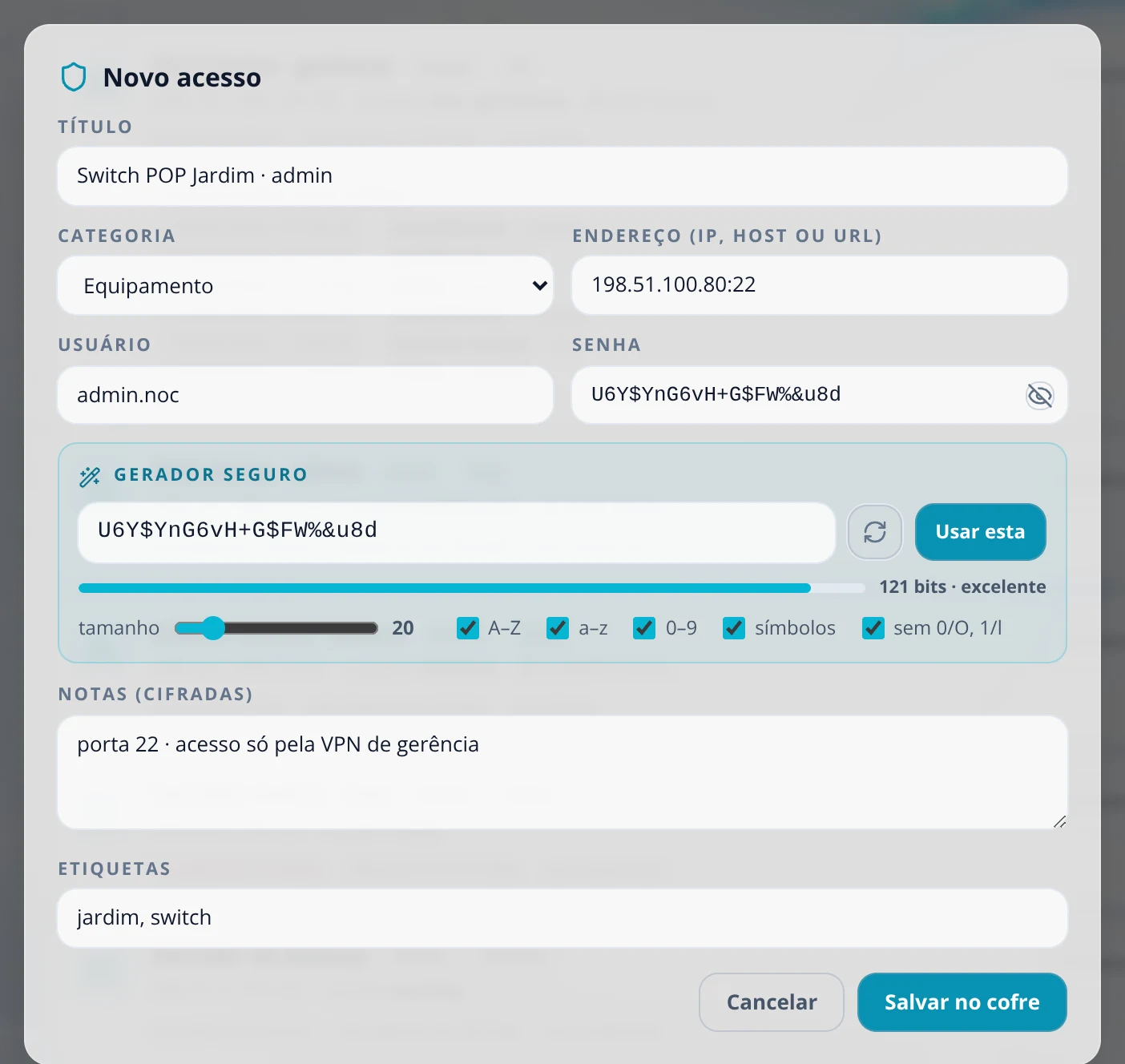 Formulário Novo acesso com título, categoria, endereço, usuário, senha, o gerador seguro com tamanho e tipos de caractere, notas e etiquetas.