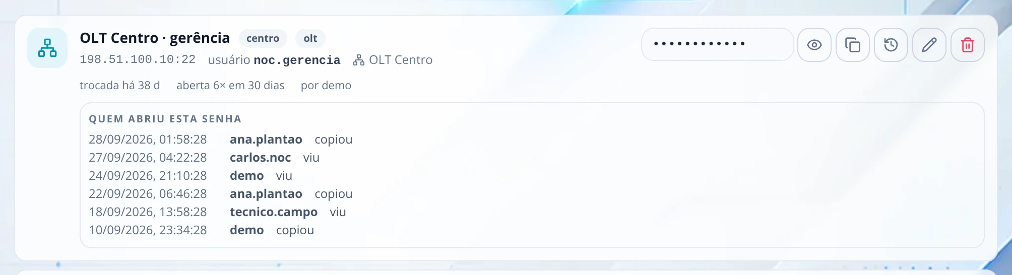 Acesso OLT Centro · gerência com o histórico aberto: seis linhas com data, usuário e se viu ou copiou a senha.