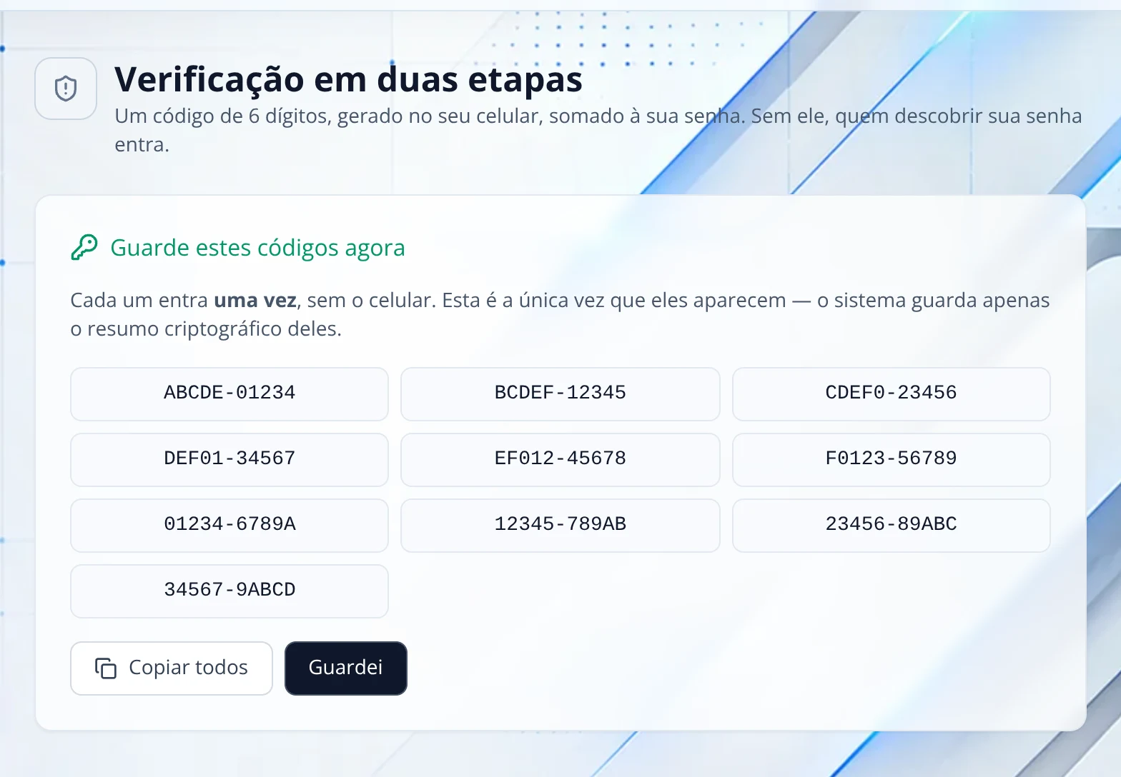 Minha conta: Códigos de recuperação
