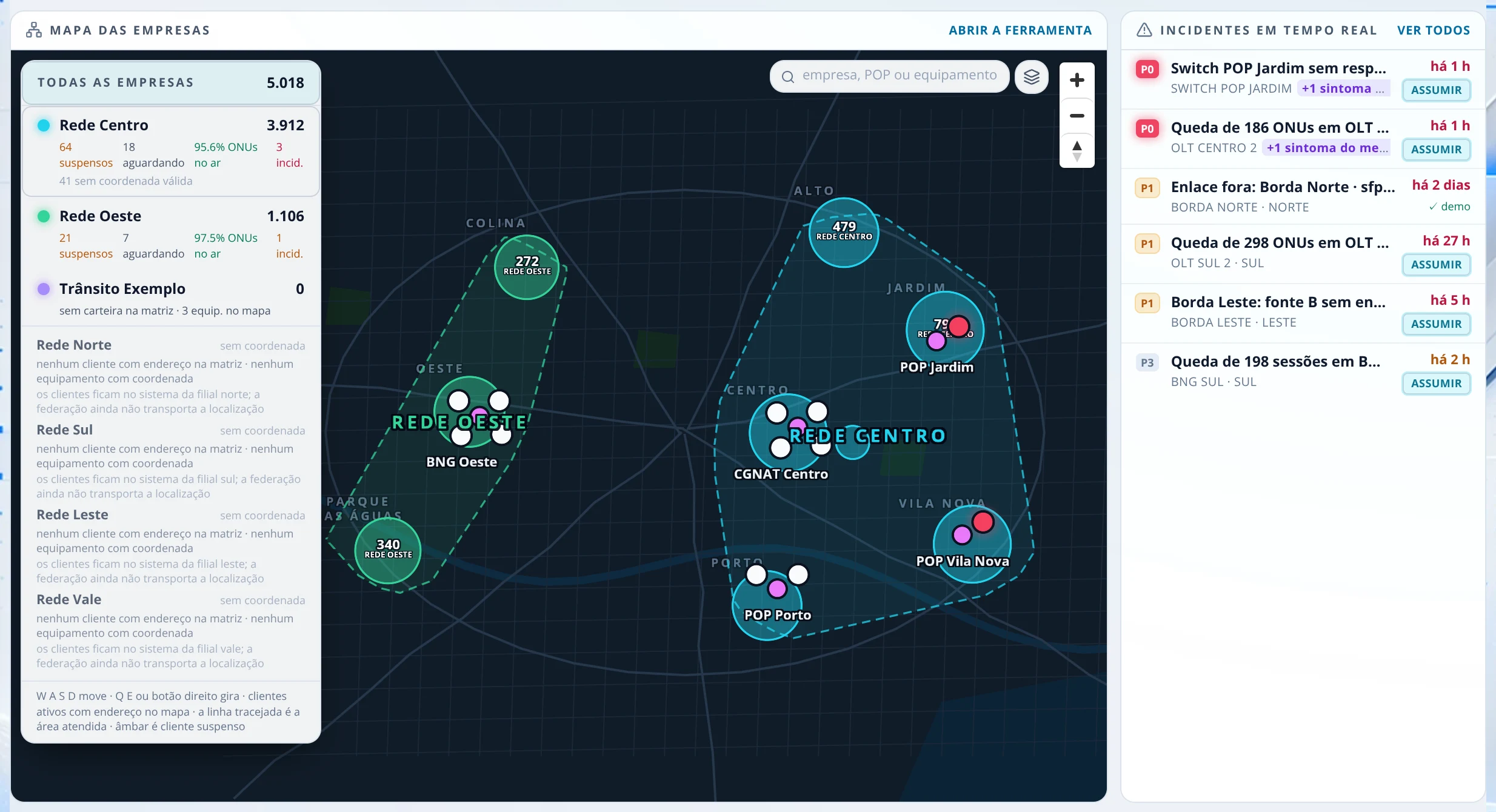 Mapa com os clientes agrupados por empresa, a área atendida tracejada, POPs e equipamentos, ao lado da lista de incidentes em tempo real com prioridade e botão assumir.