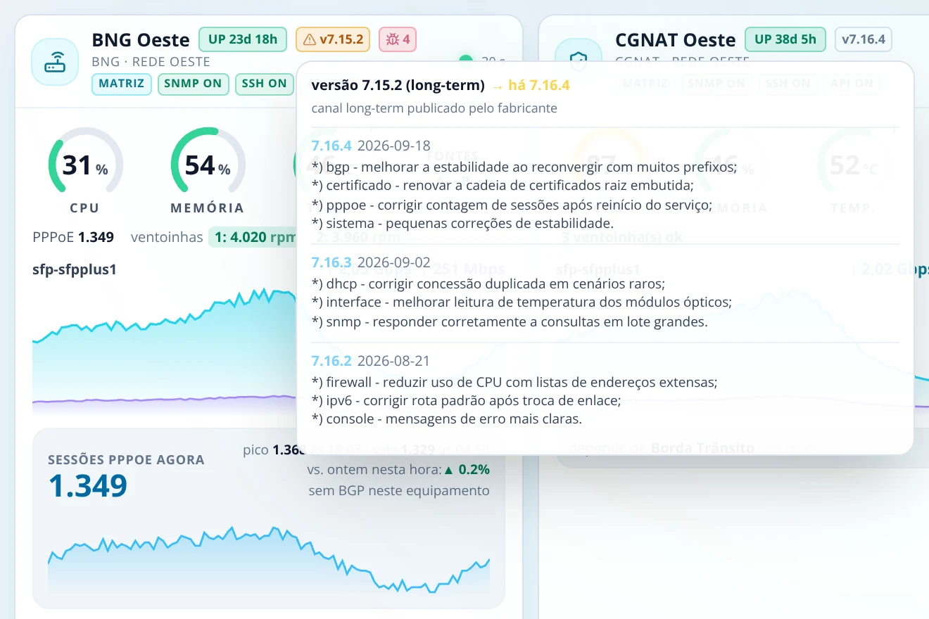 Balão aberto no selo de versão de um concentrador, mostrando a versão instalada, a versão mais nova do canal e as notas de cada versão.