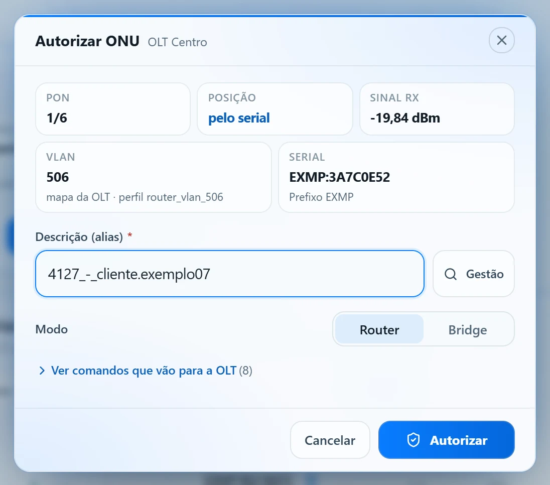 Janela Autorizar ONU com PON, posição, sinal, VLAN 506 com o perfil router_vlan_506, serial, a descrição 4127_-_cliente.exemplo07, o botão de busca no sistema de gestão, o modo Router selecionado e o link para ver os 8 comandos.